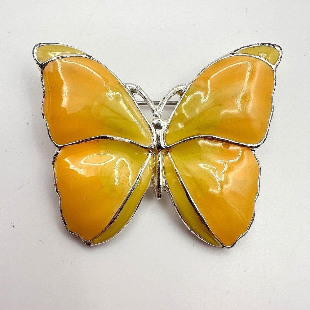 Vintage 90s Silver Tone Butterfly Brooch Yellow & Orange Enamel‎ Figural Jewelry